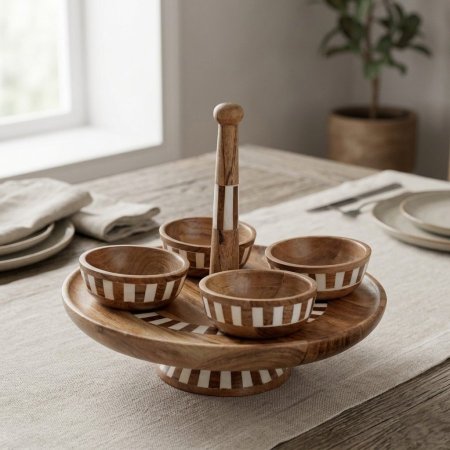 صينية دائرية مع مقبض خشبي واربع صحون صغيرة